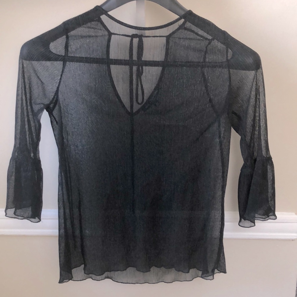 Black Sheer Bell Sleeve Tie Back Top sz L